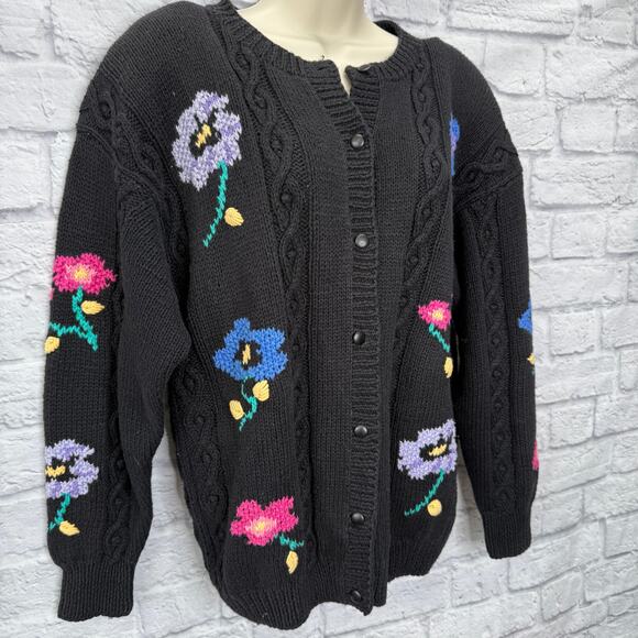 Vintage Northern Isles Womens Cardigan Sweater Black Flowers Size M Hand Knit - Picture 3 of 5
